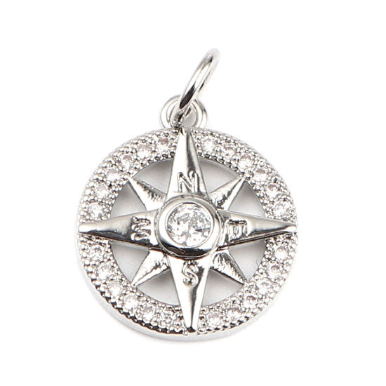 Bild von Messing Galaxis Charms Rund 18K Echt Platin plattiert Stern Micro Pave Transparent Strass 19mm x 13mm, 2 Stück