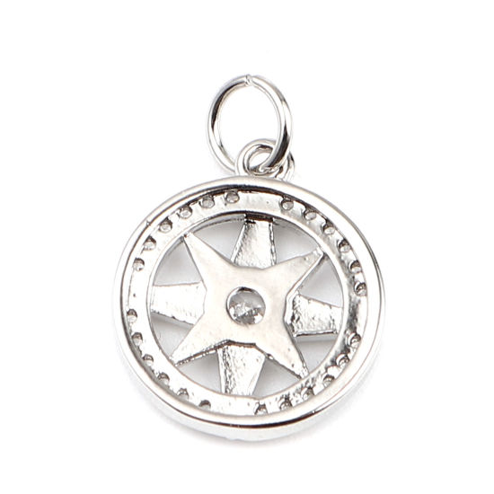 Bild von Messing Galaxis Charms Rund 18K Echt Platin plattiert Stern Micro Pave Transparent Strass 19mm x 13mm, 2 Stück