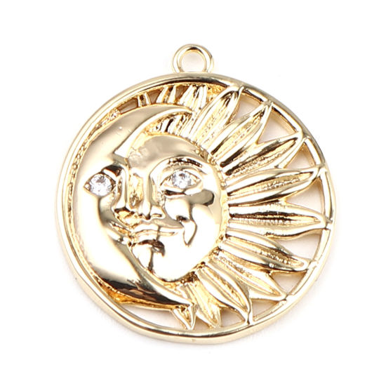 Immagine di Ottone Galassia Charms 18K Vero Oro Placcato Tondo Faccia del Sole Trasparente Strass 21mm x 19mm, 2 Pz