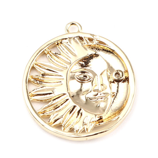 Immagine di Ottone Galassia Charms 18K Vero Oro Placcato Tondo Faccia del Sole Trasparente Strass 21mm x 19mm, 2 Pz