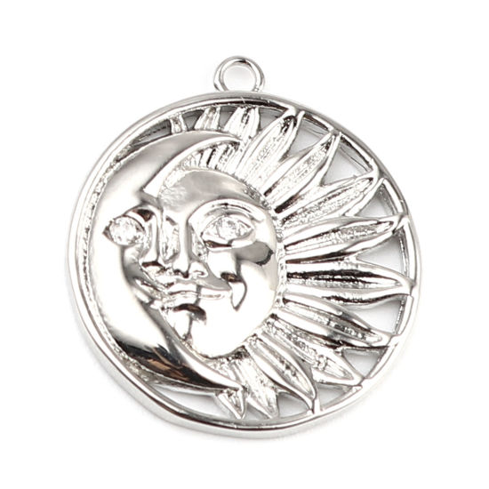 Immagine di Ottone Galassia Charms 18K Vero Platino Placcato Tondo Faccia del Sole Trasparente Strass 21mm x 19mm, 2 Pz