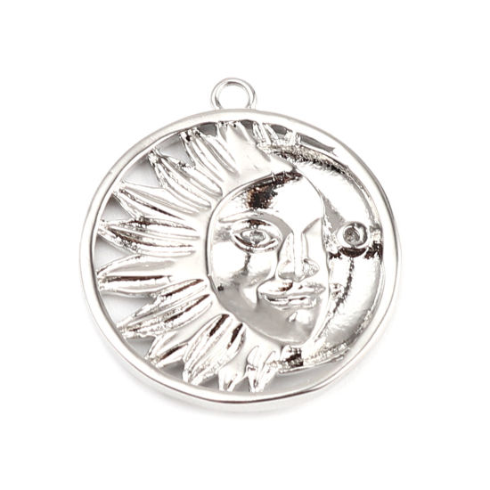 Immagine di Ottone Galassia Charms 18K Vero Platino Placcato Tondo Faccia del Sole Trasparente Strass 21mm x 19mm, 2 Pz