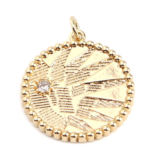 Immagine di Ottone Charms 18K Vero Oro Placcato Tondo Foglia Trasparente Strass 29mm x 23mm, 2 Pz