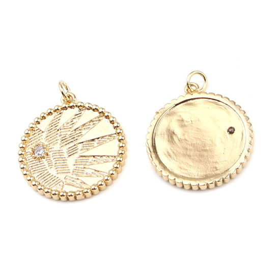 Immagine di Ottone Charms 18K Vero Oro Placcato Tondo Foglia Trasparente Strass 29mm x 23mm, 2 Pz