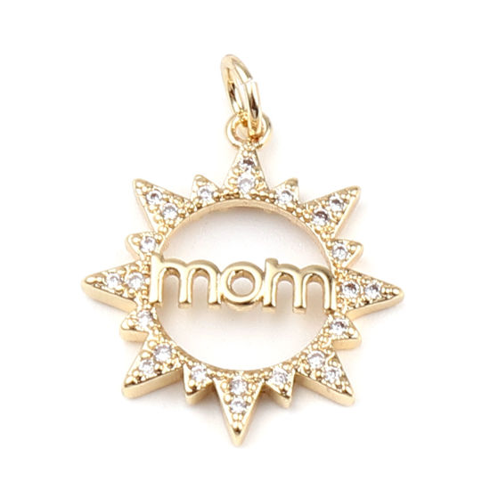 Bild von Messing Micro Pave Charms Sonne 18K Vergoldet Message " Mom " Transparent Strass 25mm x 19mm, 1 Stück