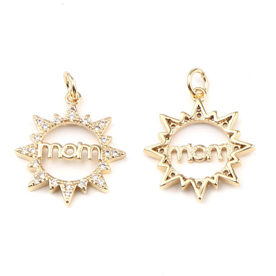 Bild von Messing Micro Pave Charms Sonne 18K Vergoldet Message " Mom " Transparent Strass 25mm x 19mm, 1 Stück