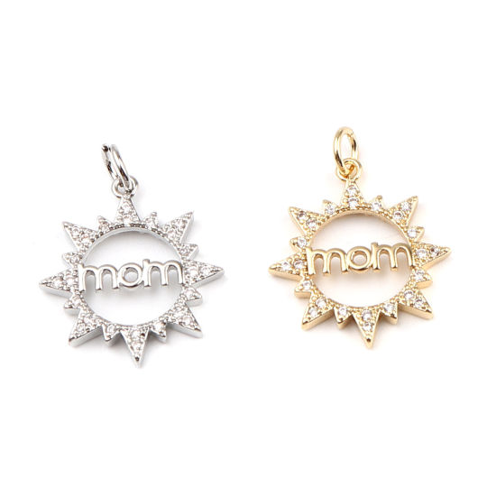 Bild von Messing Micro Pave Charms Sonne 18K Vergoldet Message " Mom " Transparent Strass 25mm x 19mm, 1 Stück