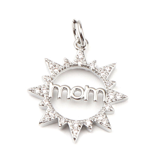 Bild von Messing Micro Pave Charms Sonne 18K Echt Platin plattiert Message " Mom " Transparent Strass 25mm x 19mm, 1 Stück