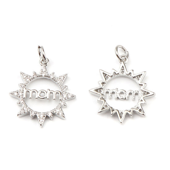Bild von Messing Micro Pave Charms Sonne 18K Echt Platin plattiert Message " Mom " Transparent Strass 25mm x 19mm, 1 Stück
