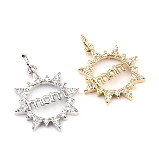 Bild von Messing Micro Pave Charms Sonne 18K Echt Platin plattiert Message " Mom " Transparent Strass 25mm x 19mm, 1 Stück
