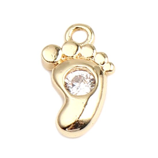 Picture of Brass Charms 18K Real Gold Plated Feet Clear Rhinestone 11mm x 6mm, 5 PCs