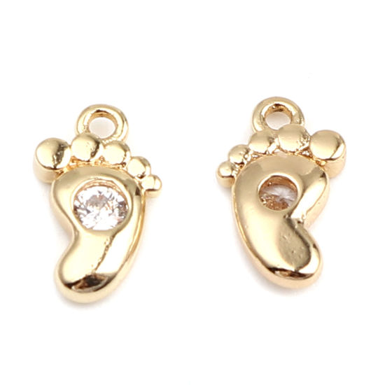 Picture of Brass Charms 18K Real Gold Plated Feet Clear Rhinestone 11mm x 6mm, 5 PCs