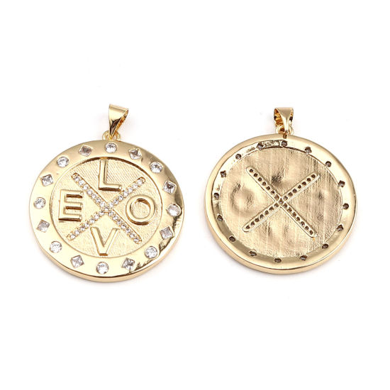 Изображение Латунь Бижутерия усыпанная мелким фианит Подвески 18K настоящее золото с покрытием Круглые Сообщение" LOVE " Прозрачный Горный Хрусталь 35мм x 28мм, 1 ШТ
