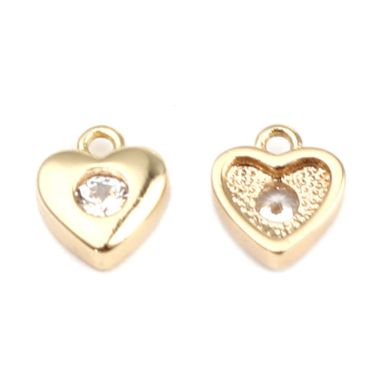 Picture of Brass Valentine's Day Charms 18K Real Gold Plated Heart Clear Rhinestone 8mm x 7mm, 5 PCs