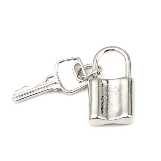 Picture of Brass Charms 18K Real Platinum Plated Key Lock 24mm x 9mm, 2 PCs