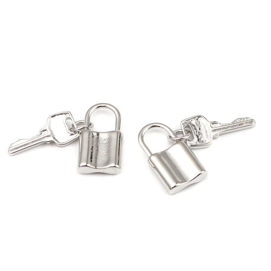 Bild von Messing Charms Schlüssel 18K Echt Platin plattiert Schloss 24mm x 9mm, 2 Stück