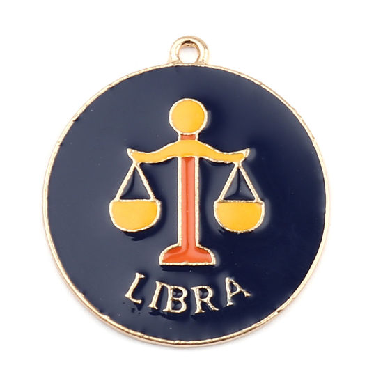 Immagine di Lega di Zinco Ciondoli Tondo Oro Placcato Blu Scuro Costellazione Libra Smalto 30mm x 27mm , 5 Pz