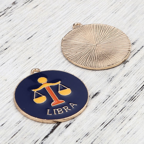 Immagine di Lega di Zinco Ciondoli Tondo Oro Placcato Blu Scuro Costellazione Libra Smalto 30mm x 27mm , 5 Pz