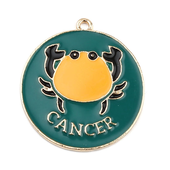 Immagine di Lega di Zinco Ciondoli Tondo Oro Placcato Verde & Giallo Costellazione Cancro Smalto 30mm x 27mm , 5 Pz