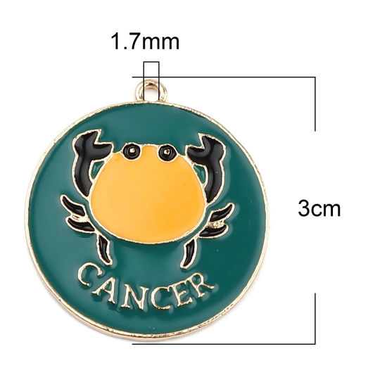 Immagine di Lega di Zinco Ciondoli Tondo Oro Placcato Verde & Giallo Costellazione Cancro Smalto 30mm x 27mm , 5 Pz