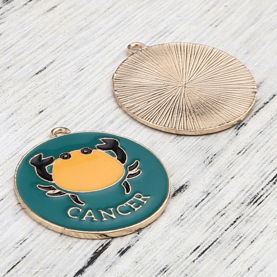 Immagine di Lega di Zinco Ciondoli Tondo Oro Placcato Verde & Giallo Costellazione Cancro Smalto 30mm x 27mm , 5 Pz