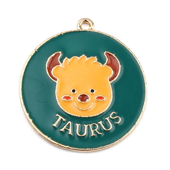 Immagine di Lega di Zinco Ciondoli Tondo Oro Placcato Verde & Giallo Costellazione Toro Smalto 30mm x 27mm , 5 Pz