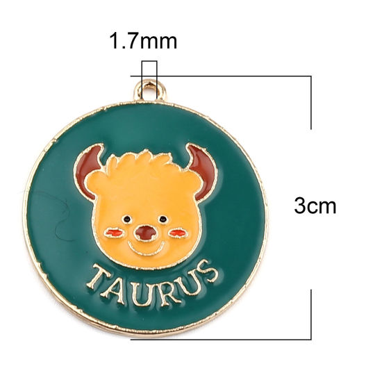Immagine di Lega di Zinco Ciondoli Tondo Oro Placcato Verde & Giallo Costellazione Toro Smalto 30mm x 27mm , 5 Pz