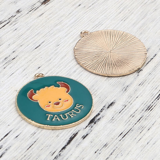Immagine di Lega di Zinco Ciondoli Tondo Oro Placcato Verde & Giallo Costellazione Toro Smalto 30mm x 27mm , 5 Pz