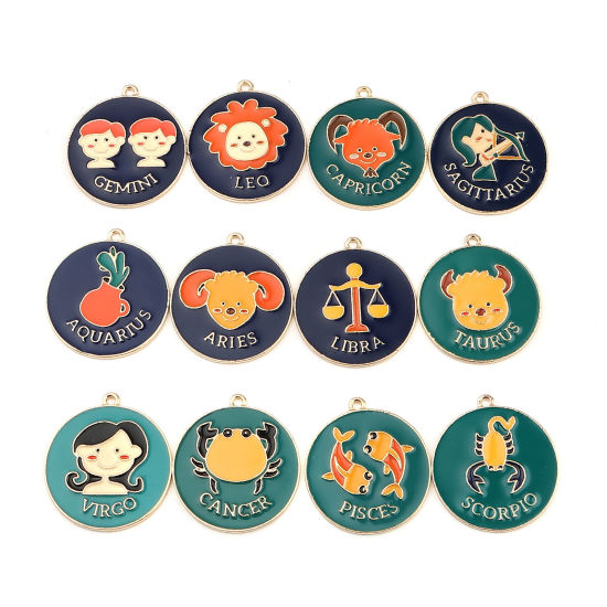 Immagine di Lega di Zinco Ciondoli Tondo Oro Placcato Verde & Giallo Costellazione Toro Smalto 30mm x 27mm , 5 Pz