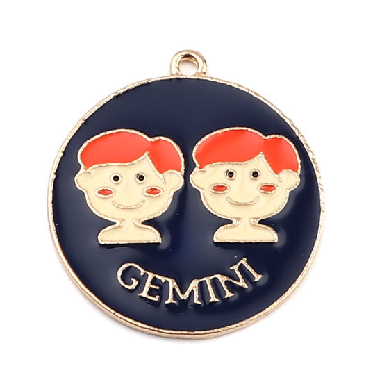 Immagine di Lega di Zinco Ciondoli Tondo Oro Placcato Blu Scuro Costellazione Gemelli Smalto 30mm x 27mm , 5 Pz