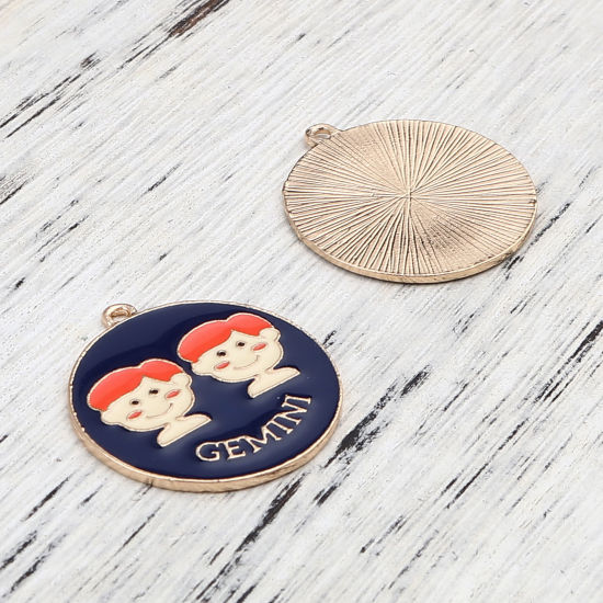 Immagine di Lega di Zinco Ciondoli Tondo Oro Placcato Blu Scuro Costellazione Gemelli Smalto 30mm x 27mm , 5 Pz