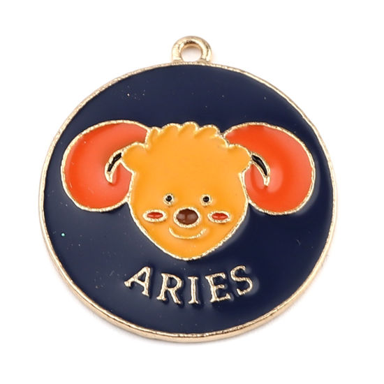 Immagine di Lega di Zinco Ciondoli Tondo Oro Placcato Blu Scuro Costellazione Ariete Smalto 30mm x 27mm , 5 Pz