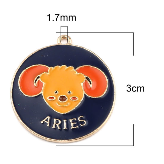 Immagine di Lega di Zinco Ciondoli Tondo Oro Placcato Blu Scuro Costellazione Ariete Smalto 30mm x 27mm , 5 Pz