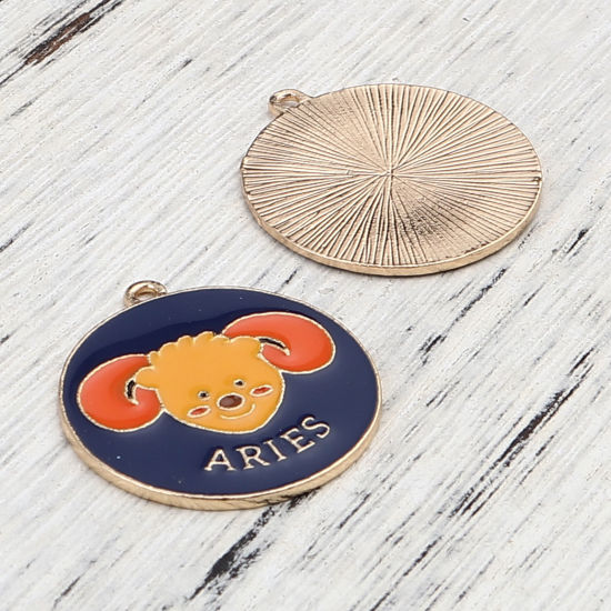 Immagine di Lega di Zinco Ciondoli Tondo Oro Placcato Blu Scuro Costellazione Ariete Smalto 30mm x 27mm , 5 Pz