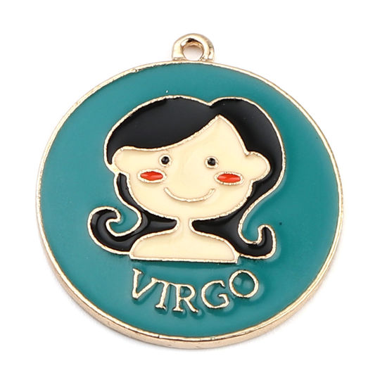 Immagine di Lega di Zinco Ciondoli Tondo Oro Placcato Blu Costellazione Vergine Smalto 30mm x 27mm , 5 Pz