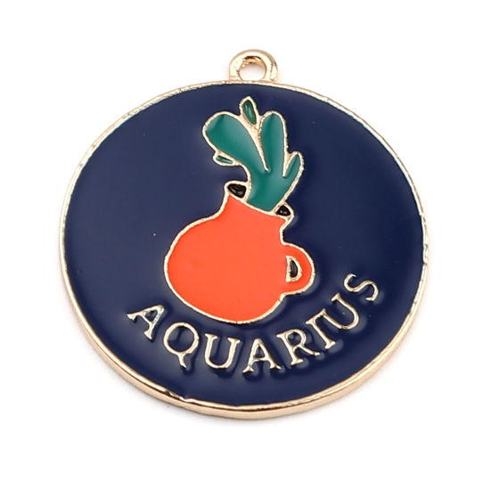 Immagine di Lega di Zinco Ciondoli Tondo Oro Placcato Blu Scuro Costellazione Acquario Smalto 30mm x 27mm , 5 Pz