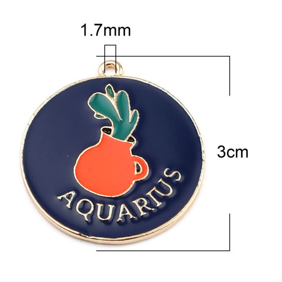 Immagine di Lega di Zinco Ciondoli Tondo Oro Placcato Blu Scuro Costellazione Acquario Smalto 30mm x 27mm , 5 Pz