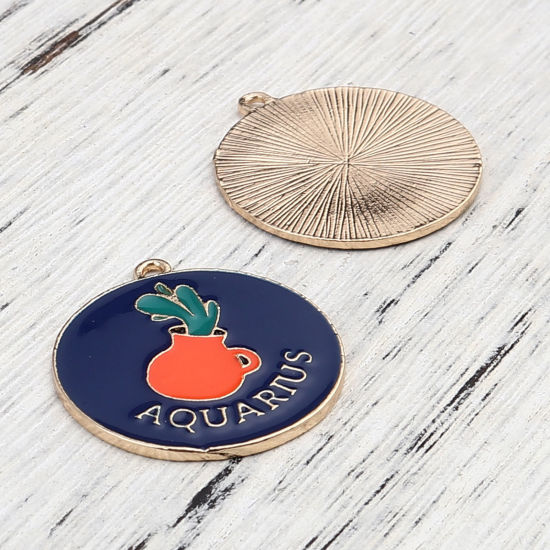 Immagine di Lega di Zinco Ciondoli Tondo Oro Placcato Blu Scuro Costellazione Acquario Smalto 30mm x 27mm , 5 Pz