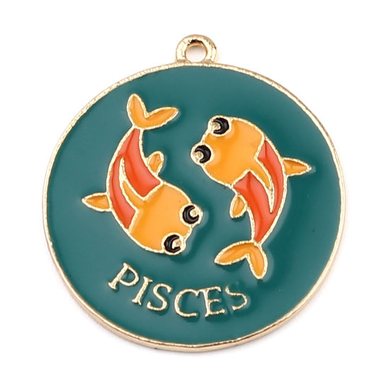 Immagine di Lega di Zinco Ciondoli Tondo Oro Placcato Verde Costellazione Pesci Smalto 30mm x 27mm , 5 Pz