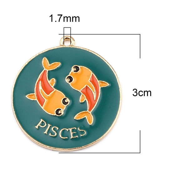 Immagine di Lega di Zinco Ciondoli Tondo Oro Placcato Verde Costellazione Pesci Smalto 30mm x 27mm , 5 Pz