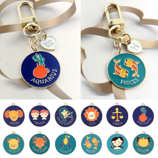 Immagine di Lega di Zinco Ciondoli Tondo Oro Placcato Verde Costellazione Pesci Smalto 30mm x 27mm , 5 Pz