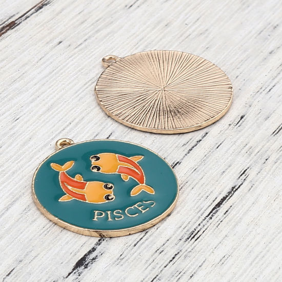 Immagine di Lega di Zinco Ciondoli Tondo Oro Placcato Verde Costellazione Pesci Smalto 30mm x 27mm , 5 Pz
