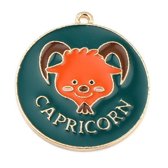 Immagine di Lega di Zinco Ciondoli Tondo Oro Placcato Verde & Arancione Costellazione Capricorno Smalto 30mm x 27mm , 5 Pz