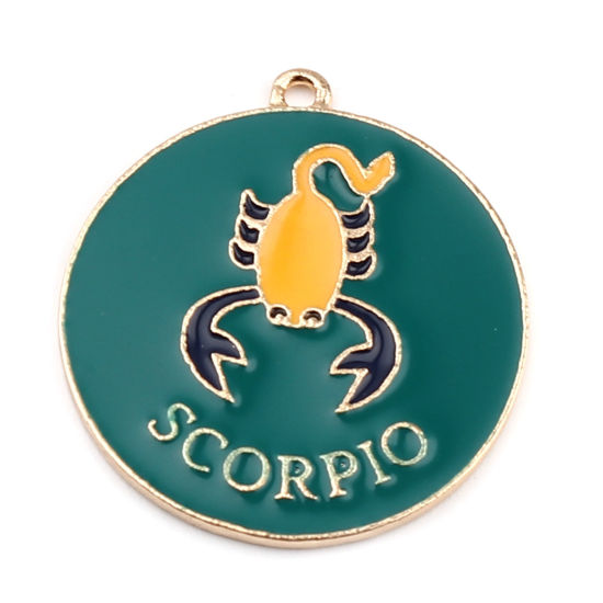 Immagine di Lega di Zinco Ciondoli Tondo Oro Placcato Verde Costellazione Scorpione Smalto 30mm x 27mm , 5 Pz