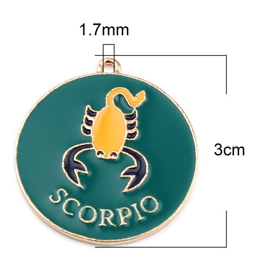 Immagine di Lega di Zinco Ciondoli Tondo Oro Placcato Verde Costellazione Scorpione Smalto 30mm x 27mm , 5 Pz