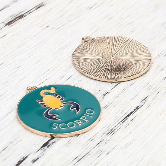 Immagine di Lega di Zinco Ciondoli Tondo Oro Placcato Verde Costellazione Scorpione Smalto 30mm x 27mm , 5 Pz