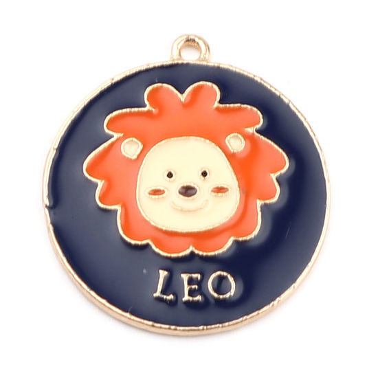 Immagine di Lega di Zinco Ciondoli Tondo Oro Placcato Blu & Arancione Costellazione Leone Smalto 30mm x 27mm , 5 Pz