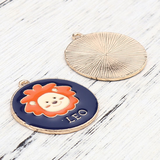Immagine di Lega di Zinco Ciondoli Tondo Oro Placcato Blu & Arancione Costellazione Leone Smalto 30mm x 27mm , 5 Pz