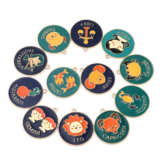 Immagine di Lega di Zinco Ciondoli Tondo Oro Placcato Blu & Arancione Costellazione Leone Smalto 30mm x 27mm , 5 Pz