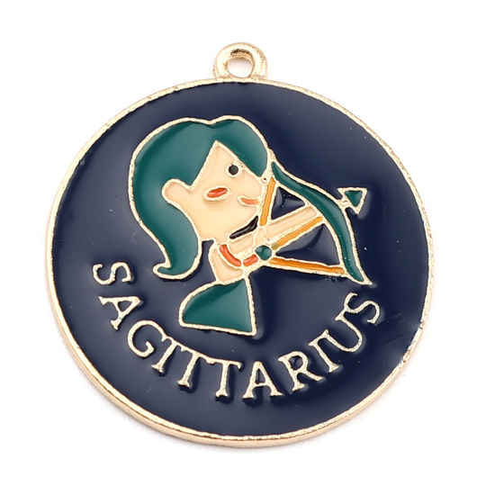 Immagine di Lega di Zinco Ciondoli Tondo Oro Placcato Blu Scuro Costellazione Sagittario Smalto 30mm x 27mm , 5 Pz